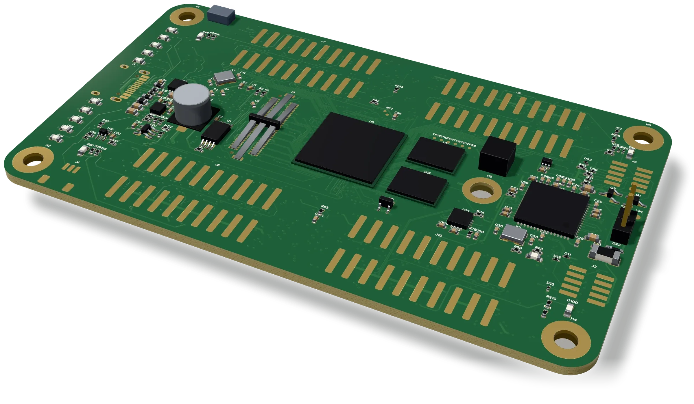 A six-layer circuit board in green solder mask with gold pads, drawn in 3D by PCBKit's renderer: a BGA processor, QFN chips, memory, a crystal, decoupling capacitors, LEDs, headers, rows of connector pads and plated mounting holes.